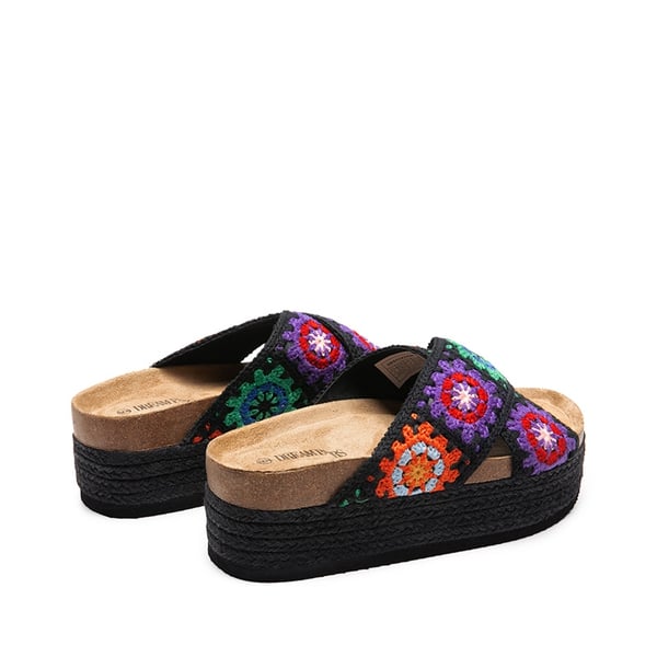 Raffia Flatform Flat Sandals - BLACK MULTI - 4